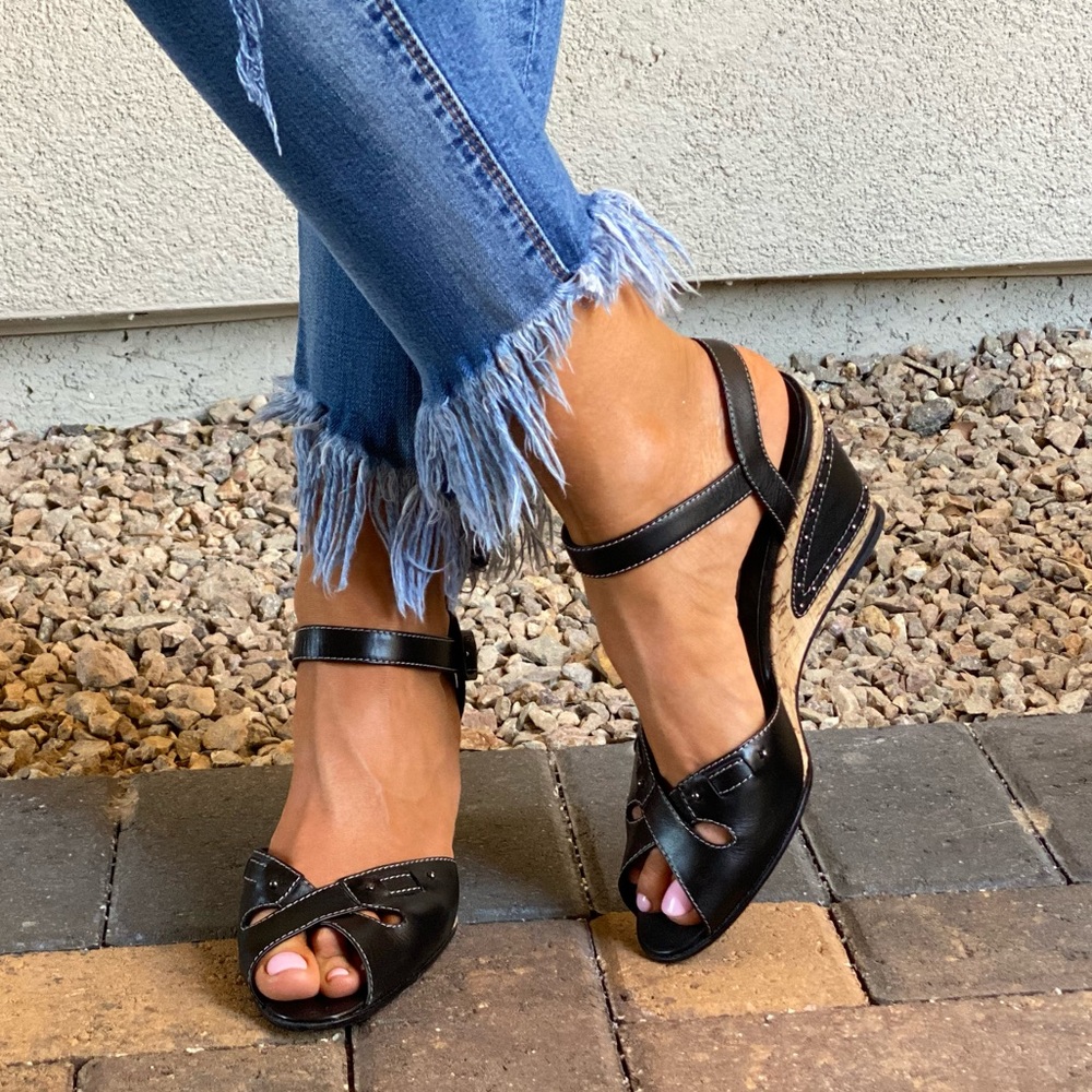 Black Leather Peep Toe Cork Kitten Wedge Sandal - Picture 4 of 7